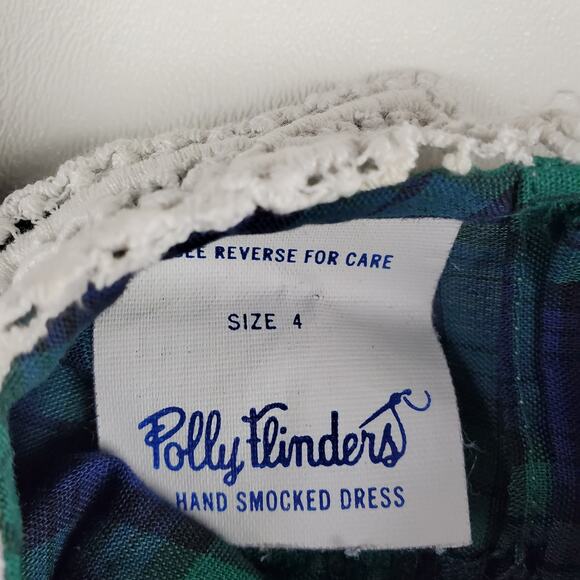 Polly Flinders Vintage Hand Smocked Dress Plaid Lace Floral Green Blue Girls 4 - Picture 4 of 6